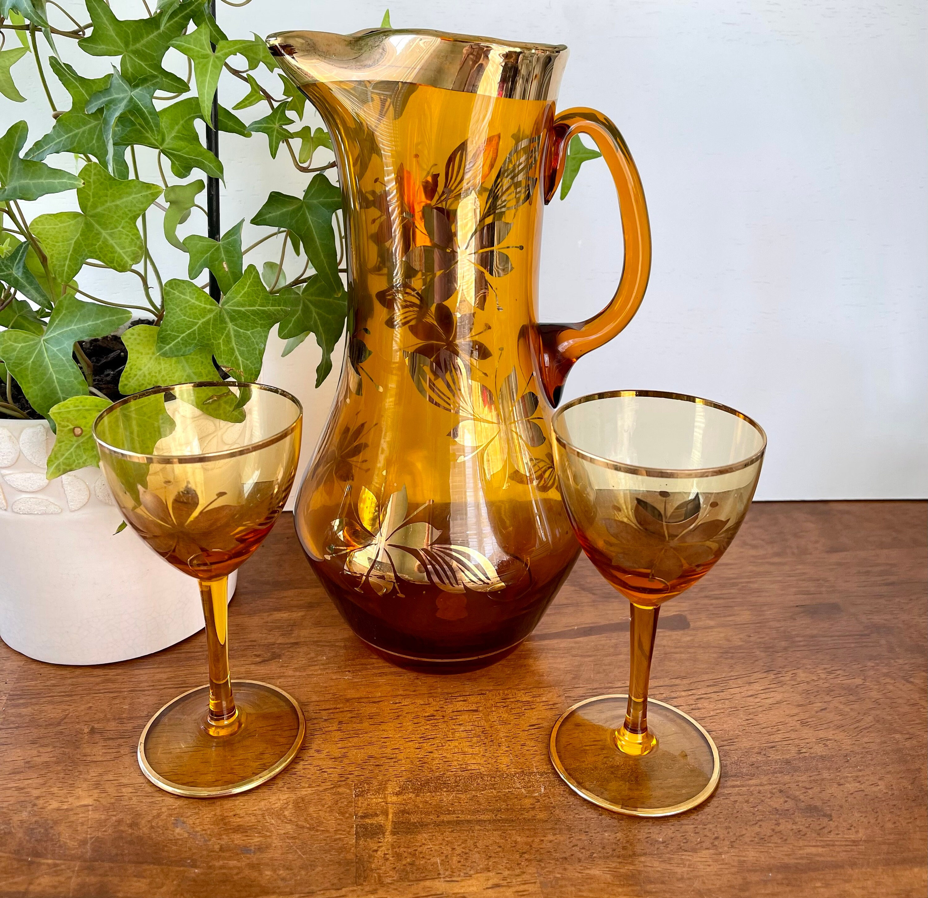 Vintage Amber Blown Glass Pitcher Set: Gold Hand-painted Flowers