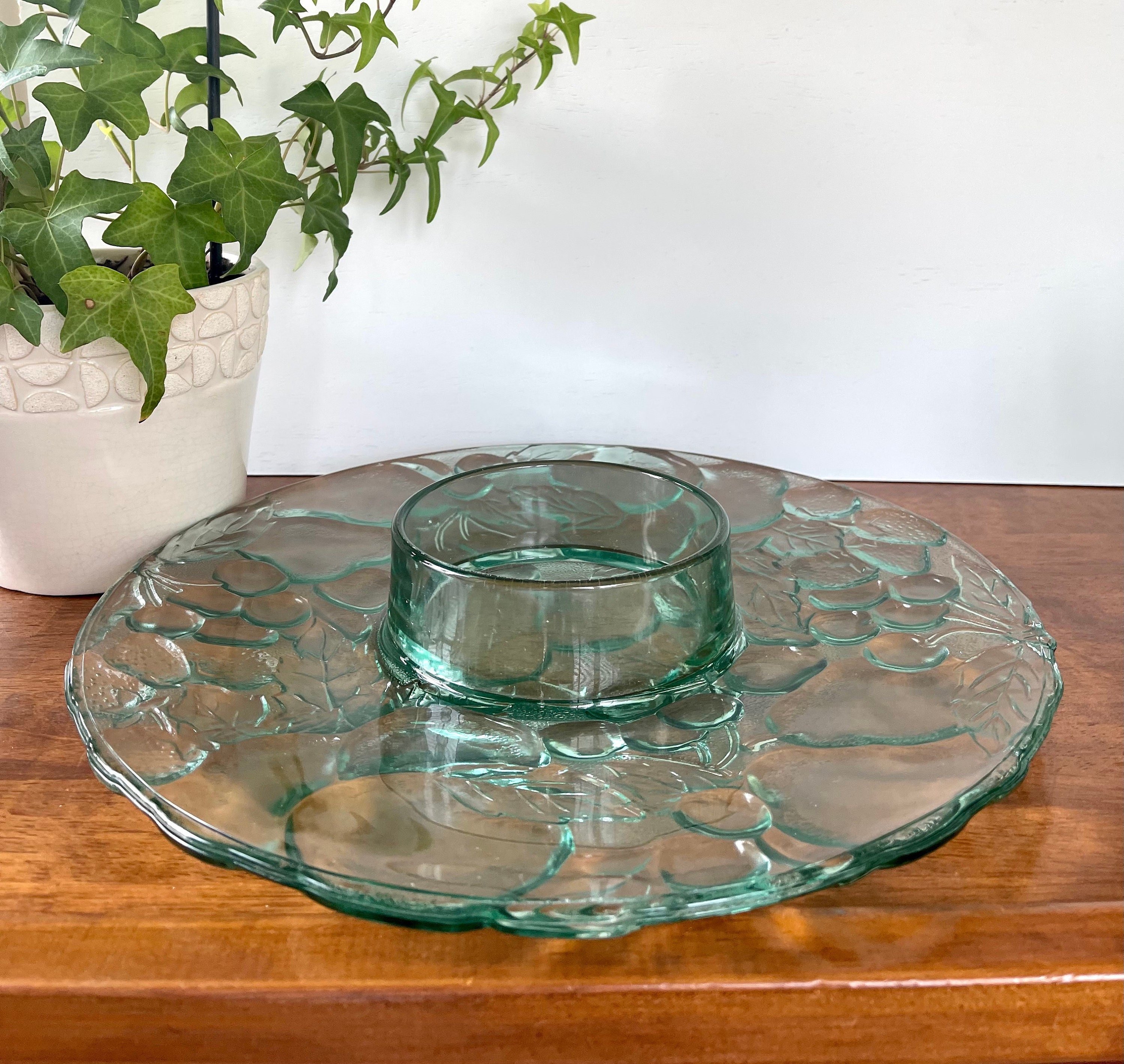 Vintage Indiana Glass Green Chip and Dip Platter: Madeira Fruit