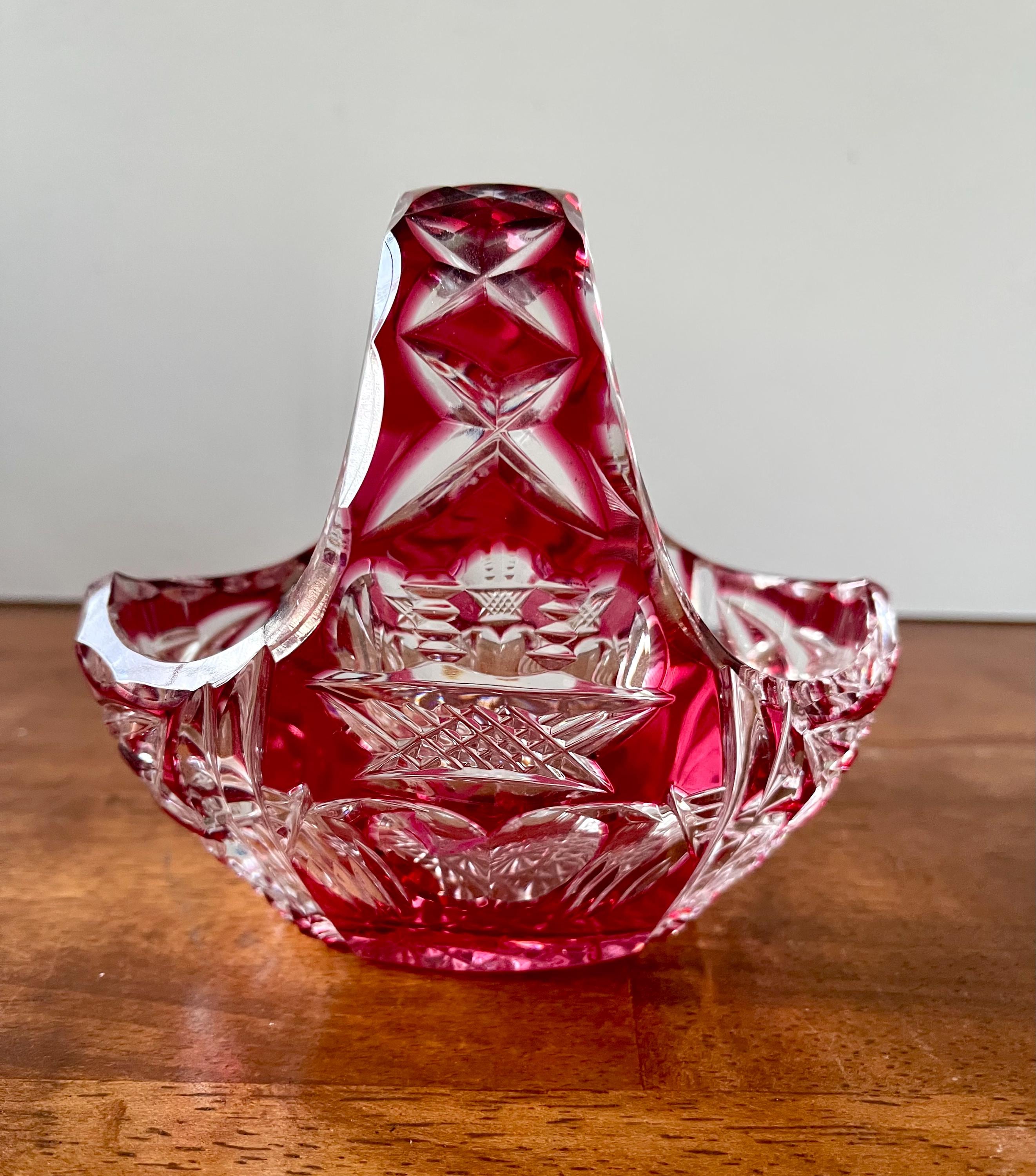 Vintage Bohemian Cranberry Cut to Clear Cut Glass Basket  display picture 1