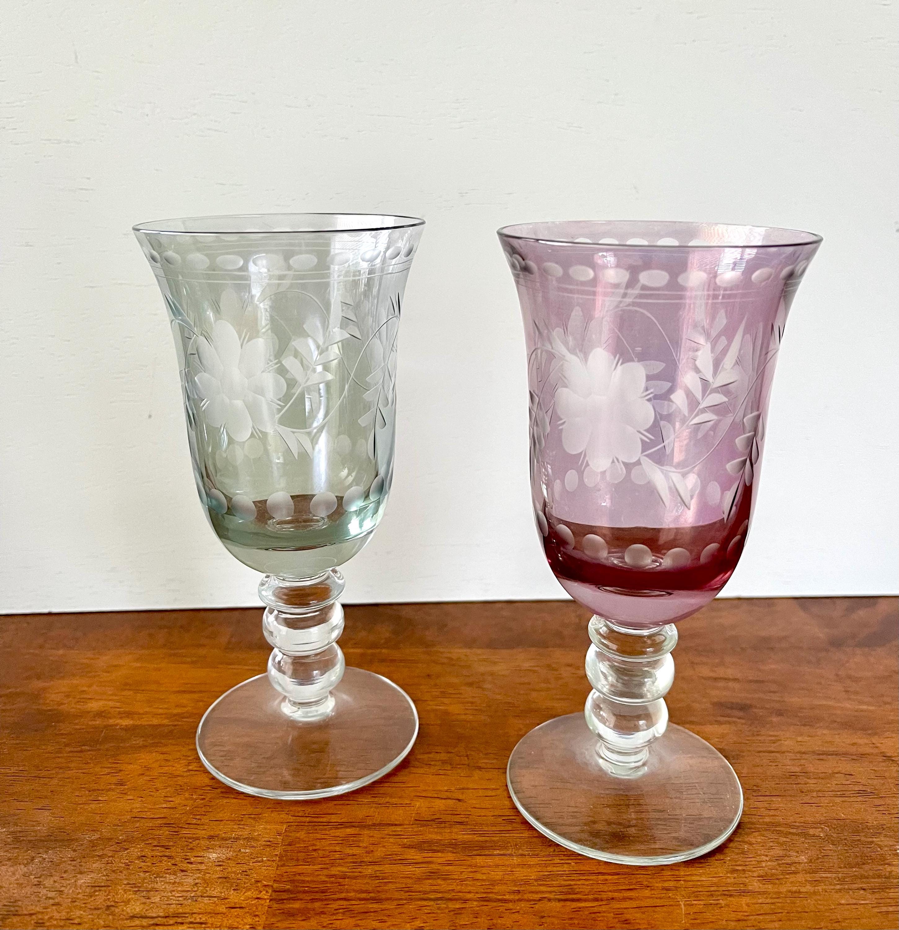 Antique Luster Amethyst and Green Etched Wine Glasses by Royal