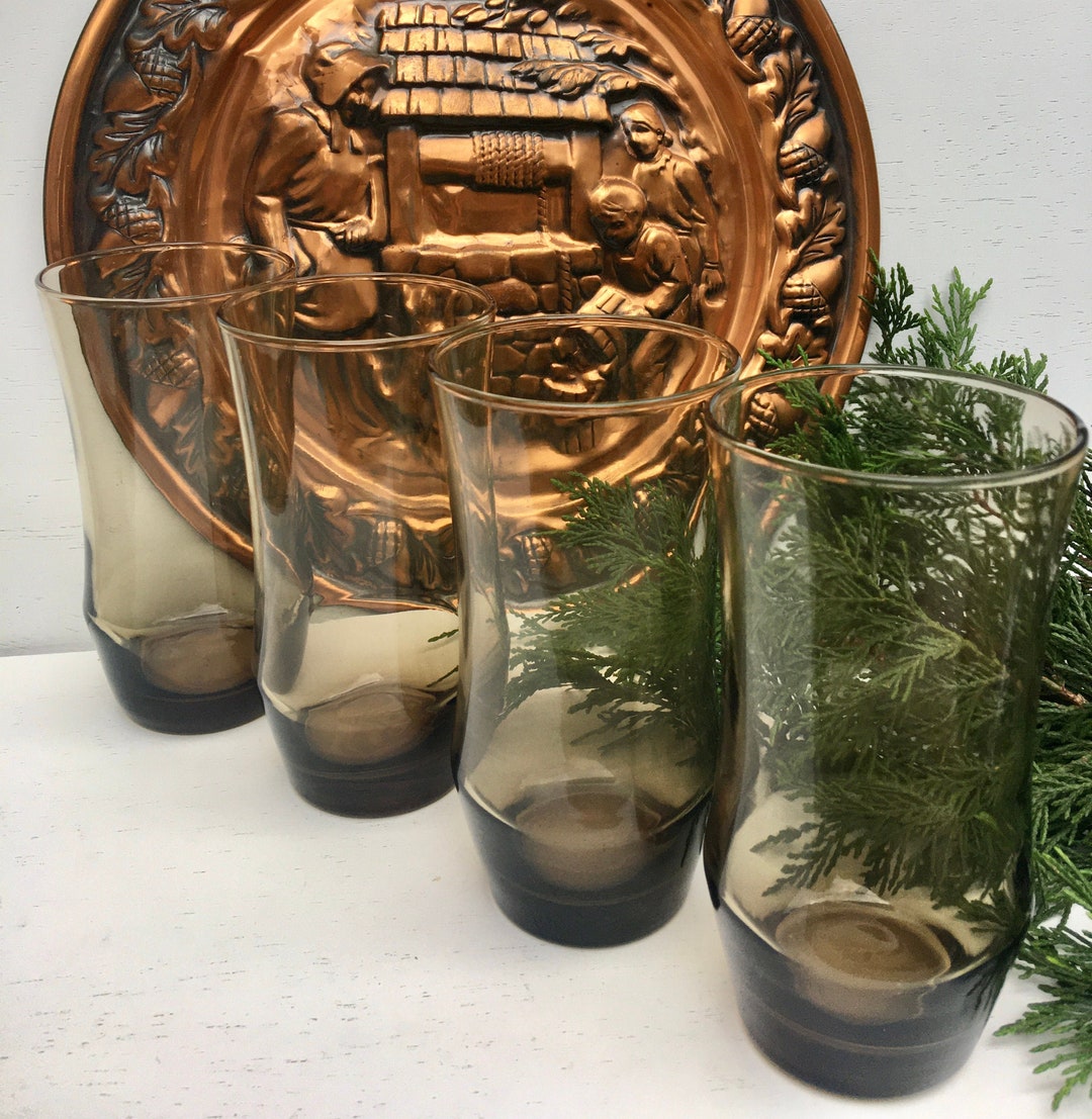 4 Libbey Smokey Brown Glass Tumblers Set of Four Vintage Brown Drinking ...