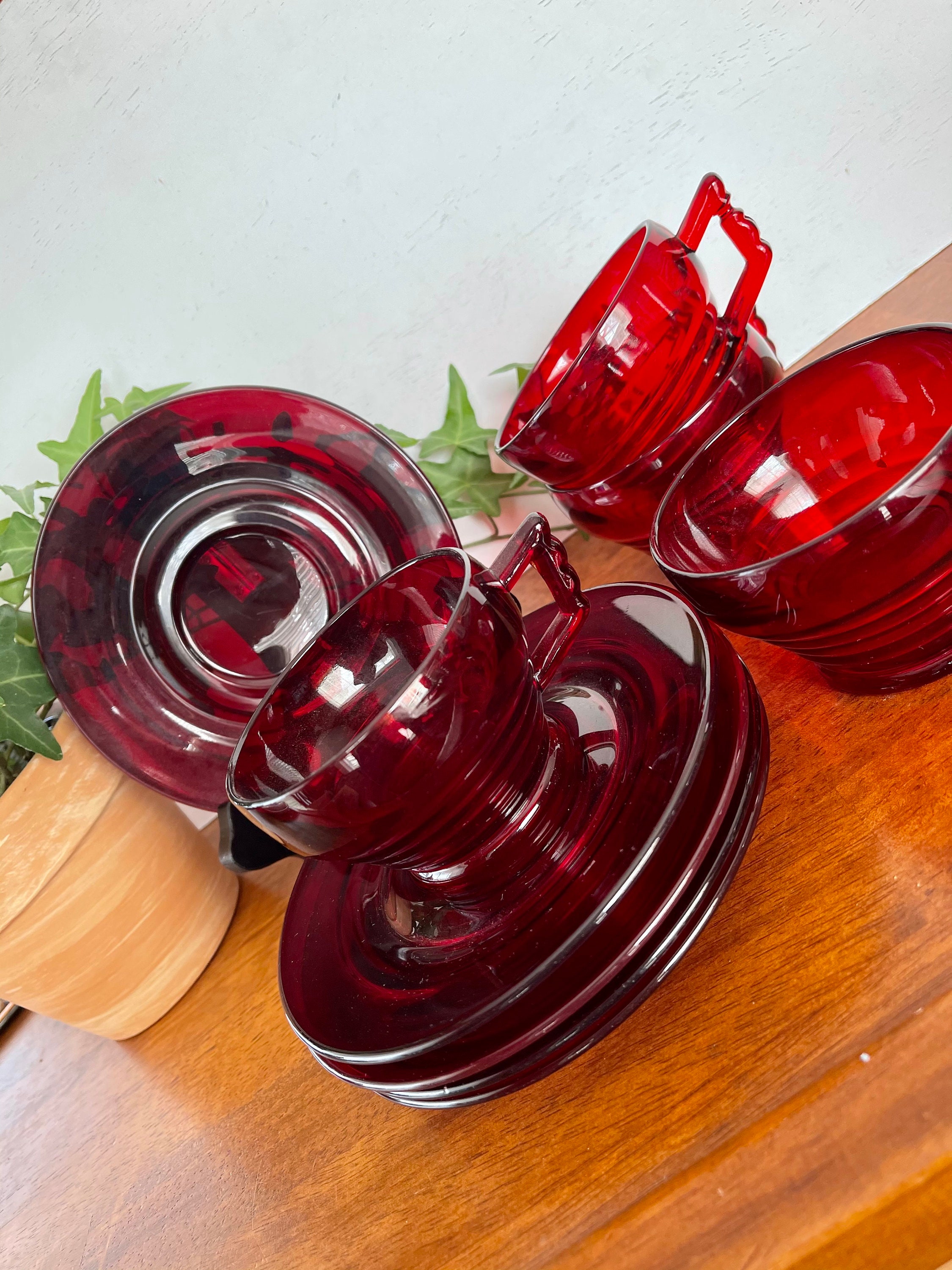 Vintage Ruby Red Glass Tea Cups with Saucers Set of Four Etsy