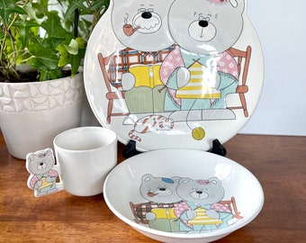 Vintage MIKASA Mama and Papa Bear Plate,Bowl and Cup, Ceramic Baby Toddler Dish Set, Children Dinnerware, Child Plate, Bowl and Mug