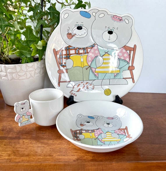 Vintage MIKASA Mama and Papa Bear Dish Set: Ceramic Plate, Bowl
