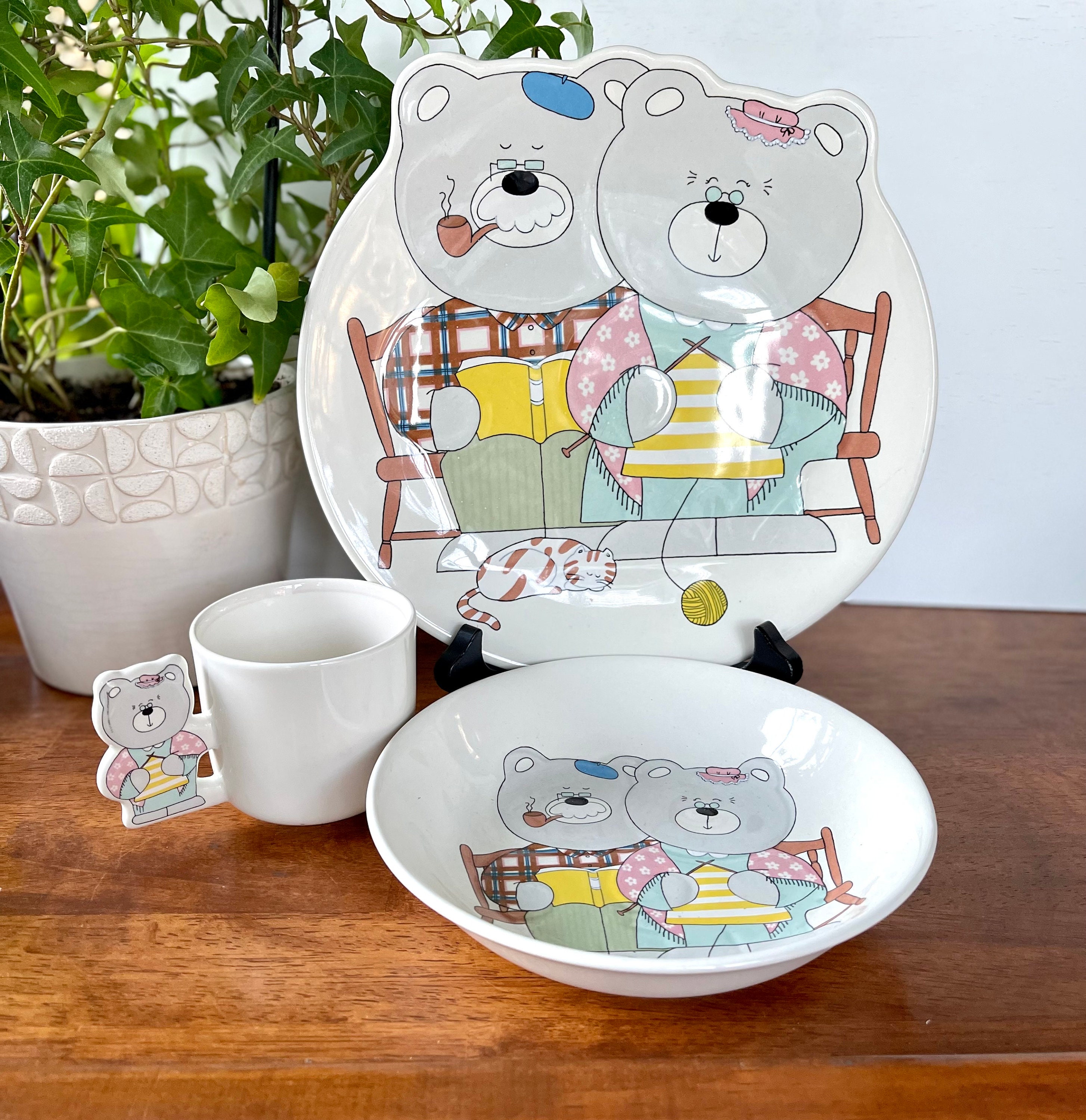 Vintage MIKASA Mama and Papa Bear Dish Set: Ceramic Plate, Bowl