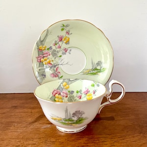 Aynsley Bone China Teacup And Saucer Light Green Floral Design