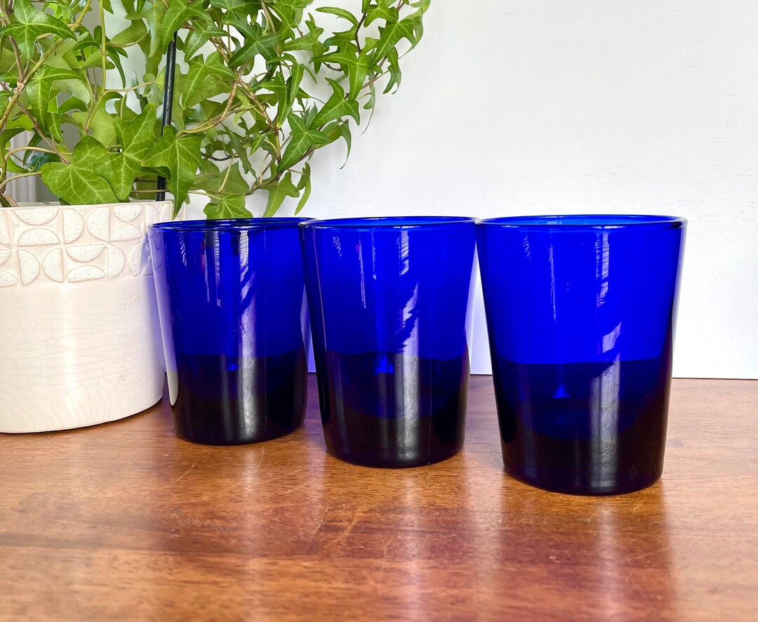 Set of 3 Cobalt Blue Glass Tumblers Made by Libbey Glass Co. Cobalt Blue Glassware, Royal Blue