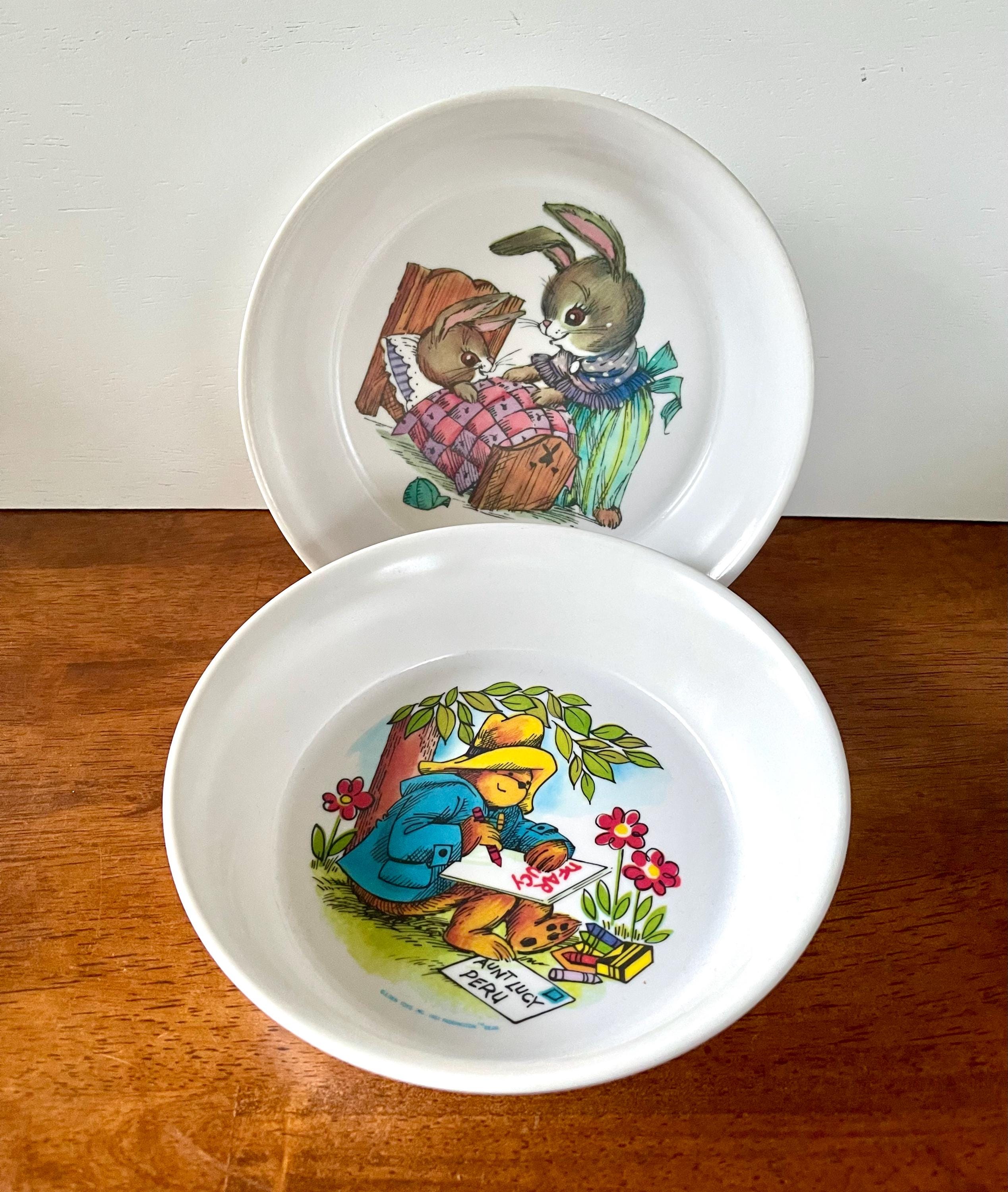 Lucky Rabbit Potteryのサーモンディナープレート Vintage Paddington Bear Bowl 1981 and Oneida Deluxe Rabbit Bunny