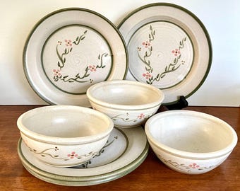 Vintage Whynot Pottery Stoneware Plates and Bowls Handcrafted Seagrove NC Hand-Painted Flowers