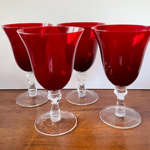 Set of 4 Ruby Red Water Goblets, Stemmed Wine Goblets, Red Bell Shaped Glasses with Clear Stem