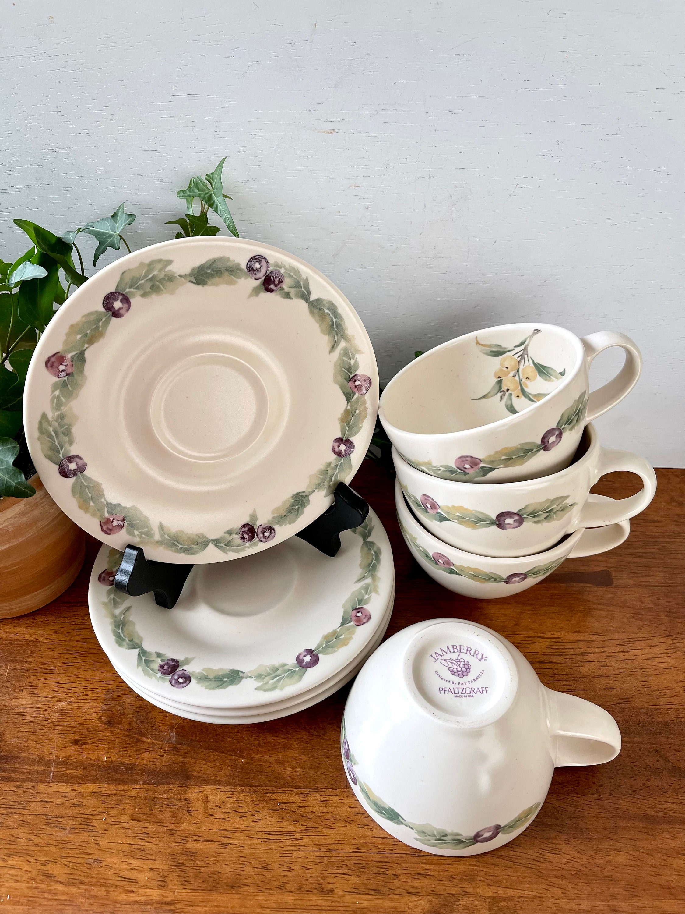 Vintage Pfaltzgraff Jamberry Flat Cups and Saucers: Fruit Design