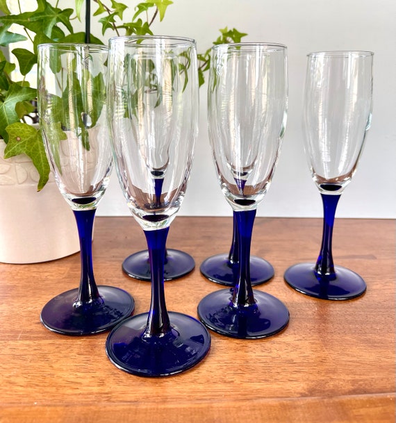 Set of 6 Cobalt Blue Stemmed Champagne Flutes Vintage Cobalt Blue Glasses  Royal Blue Champagne Glasses 