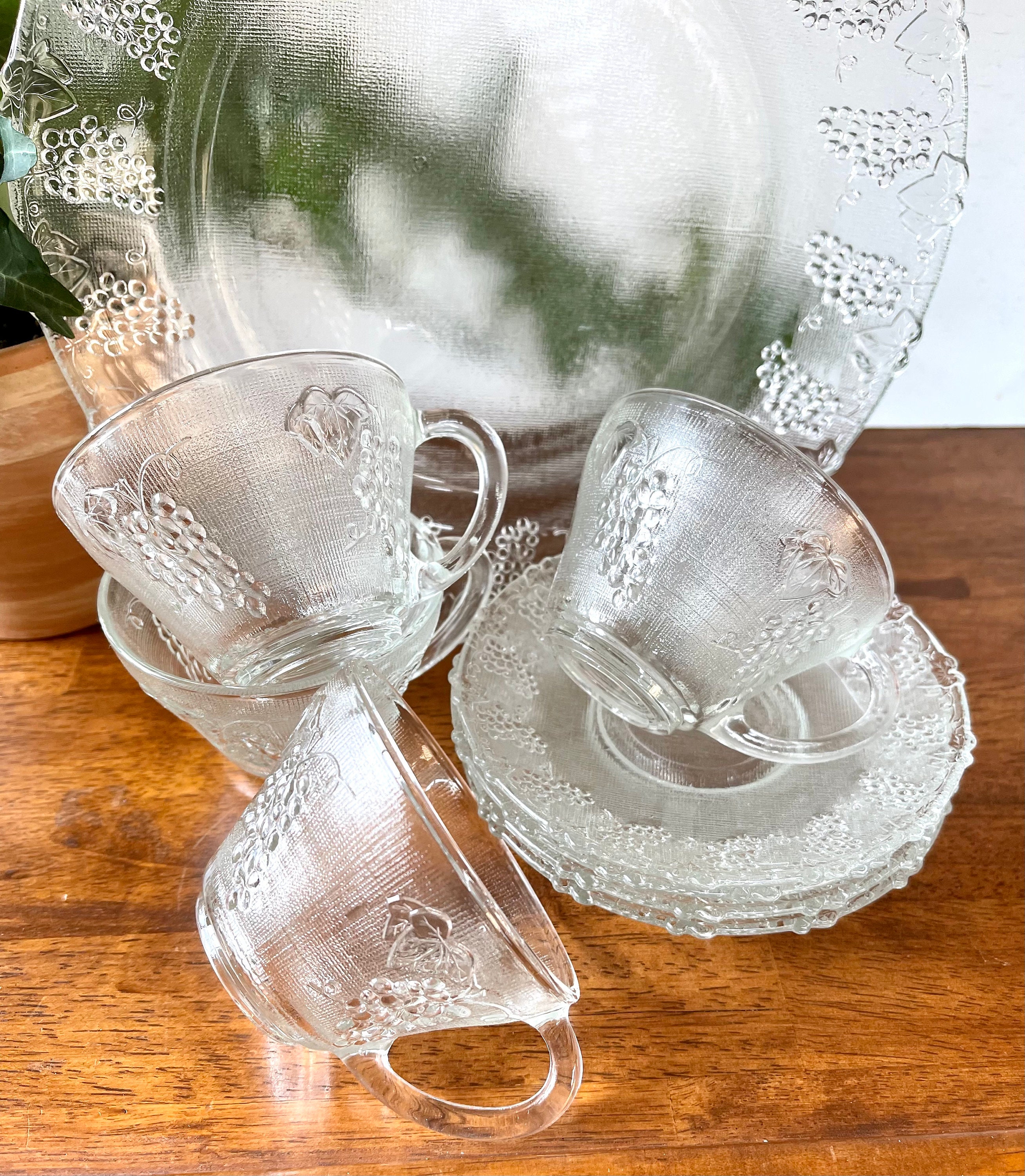 Set of 4 Grapes Embossed Depression Glass Tea Cups and Dinner