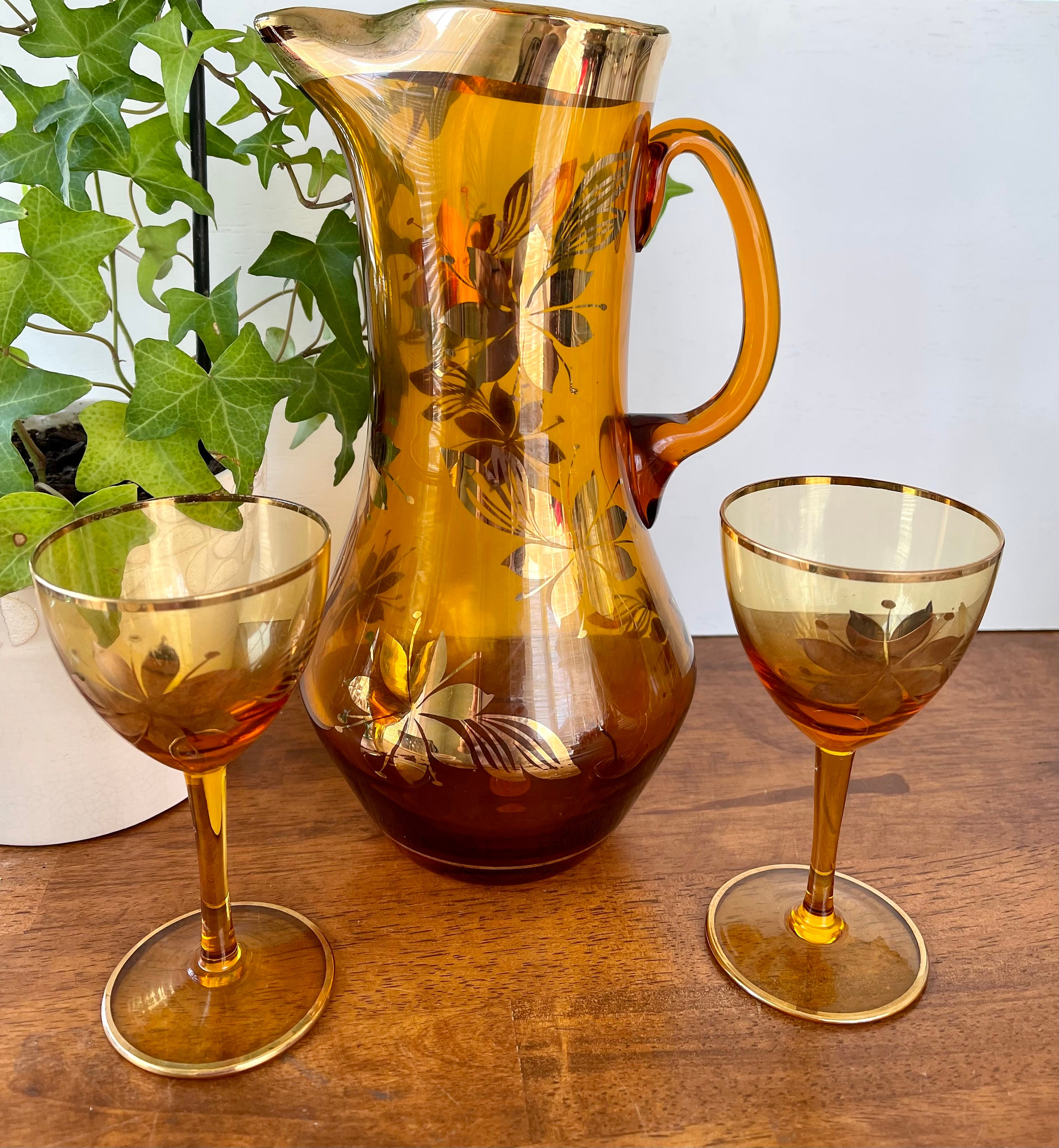 Vintage Amber Blown Glass Pitcher Set: Gold Hand-painted Flowers