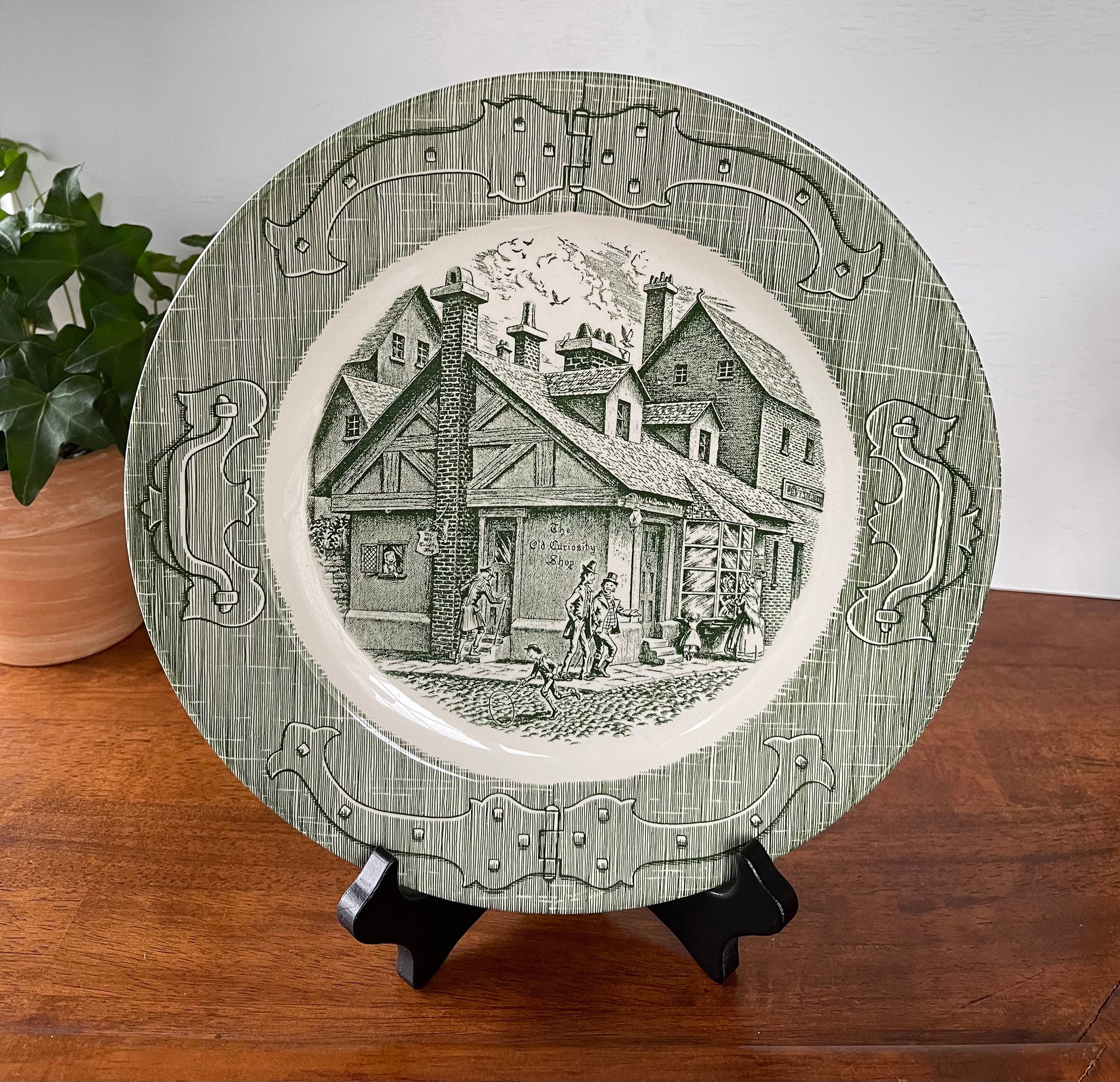 Currier and Ives Green Transferware Plates: Charles Dickens, Set