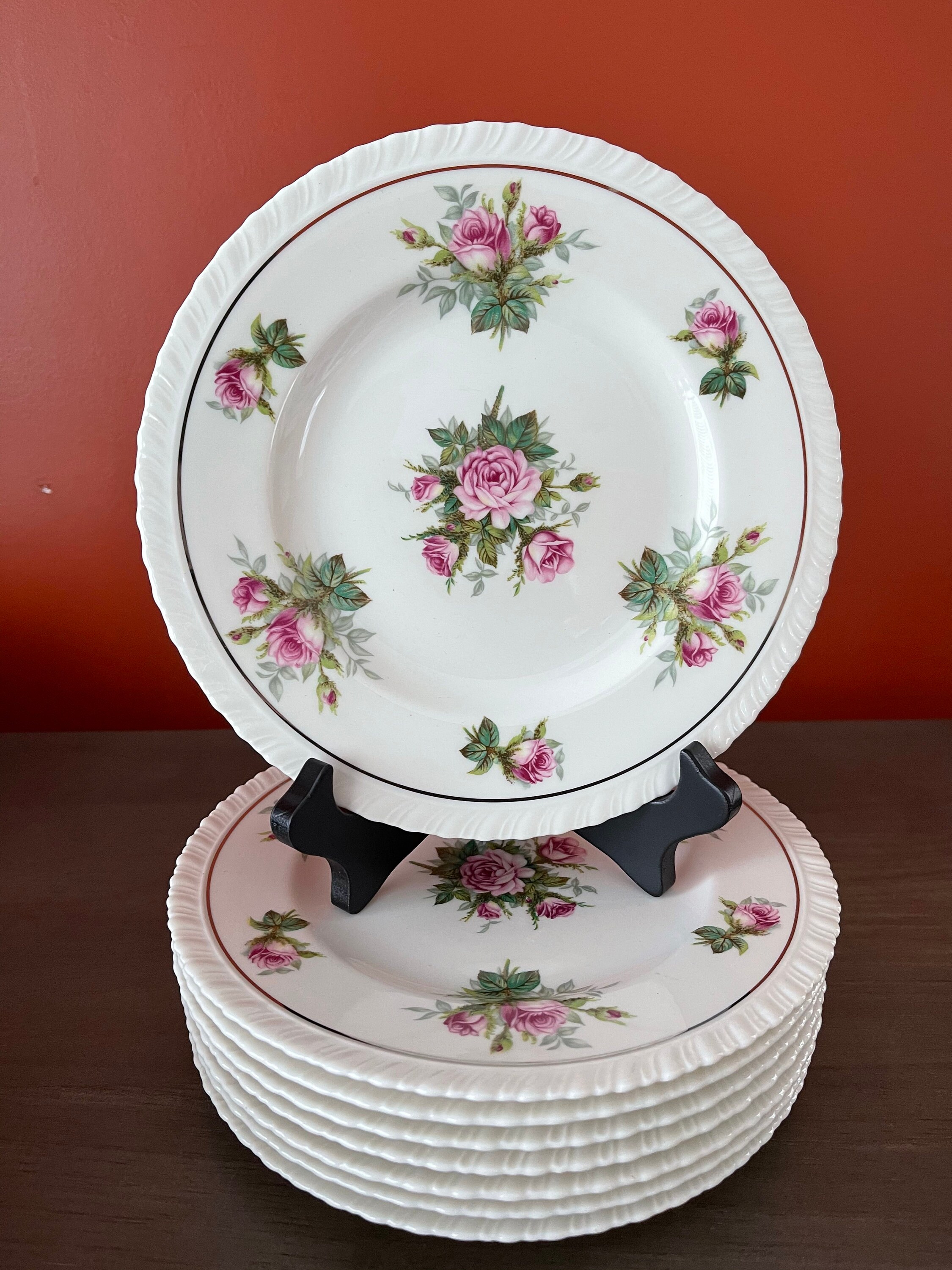 Vintage Hanover China Salad Plates: Pink Roses, Platinum Trim (set