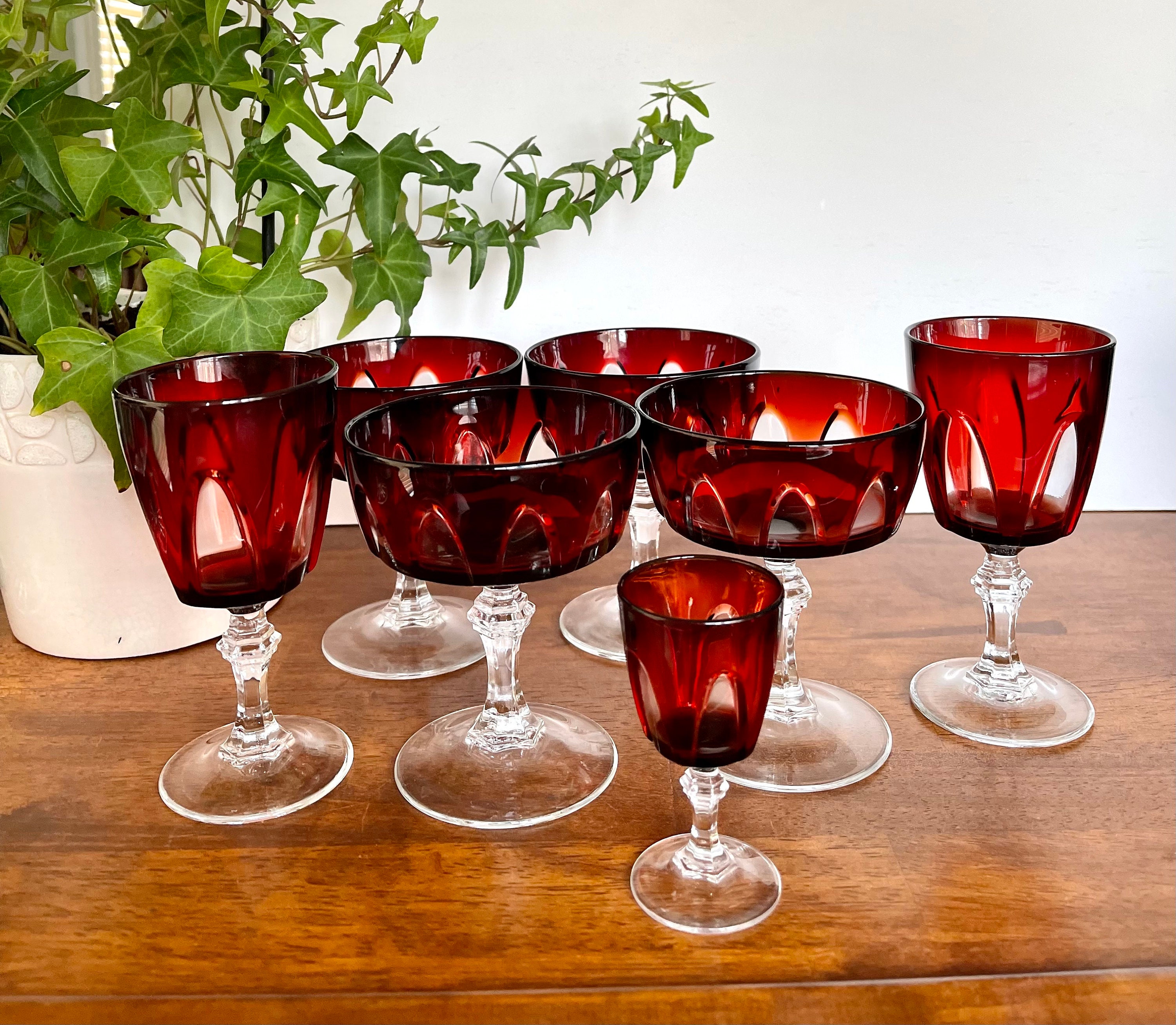 Pair of Tall Red Martini Glasses/red Bowl Clear Stem Cocktail Glasses 