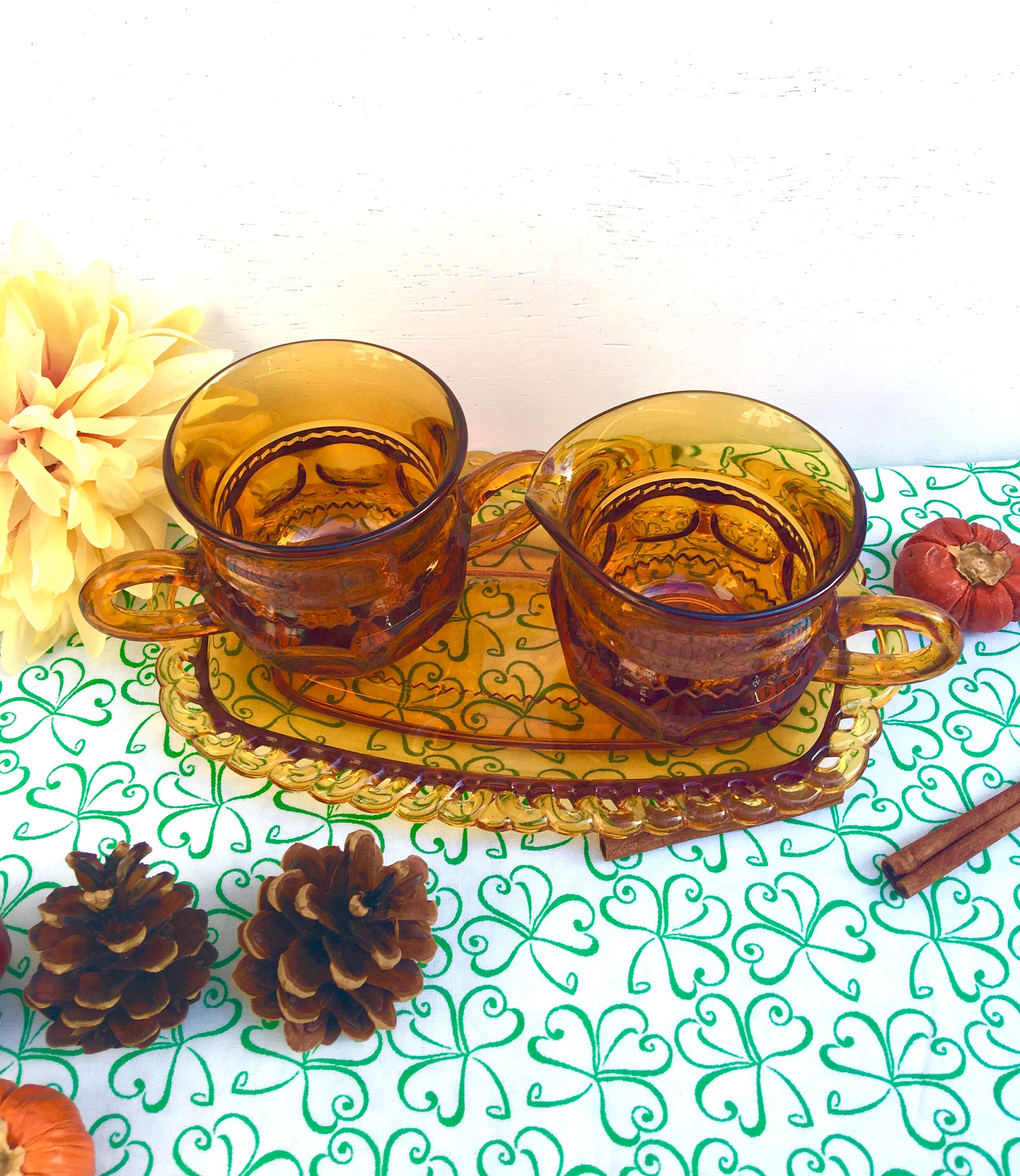 1960s Indiana Amber Glass Sugar Bowl Creamer and Tray Kings Etsy