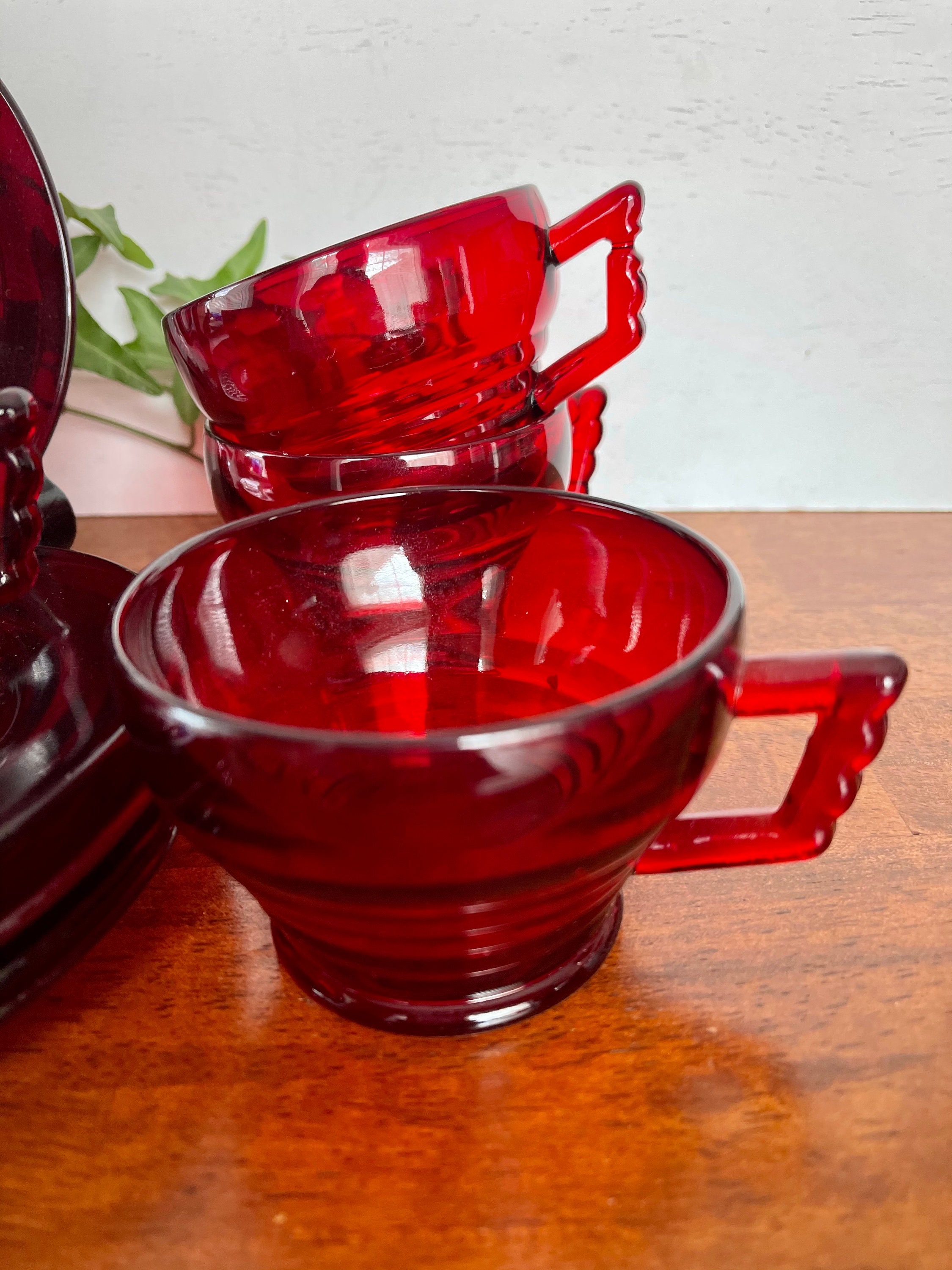 Vintage Ruby Red Glass Tea Cups with Saucers Set of Four Etsy