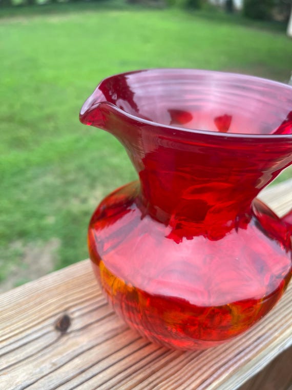 Hand Blown Amberina Glass Pitcher Vase: Heavy Weighted Bottom, 6