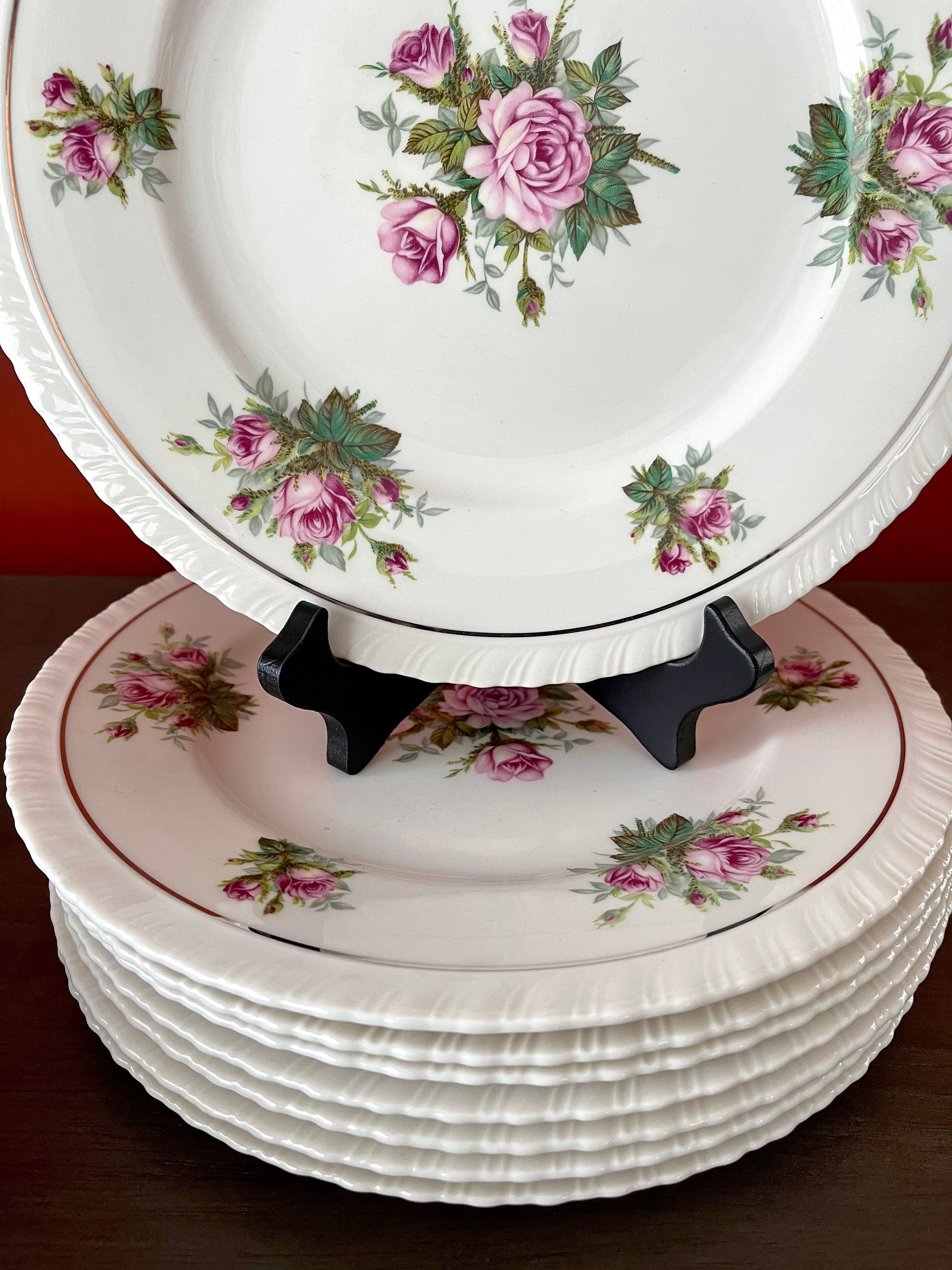 Vintage Hanover China Dinner Plates: Pink Roses, Platinum Trim