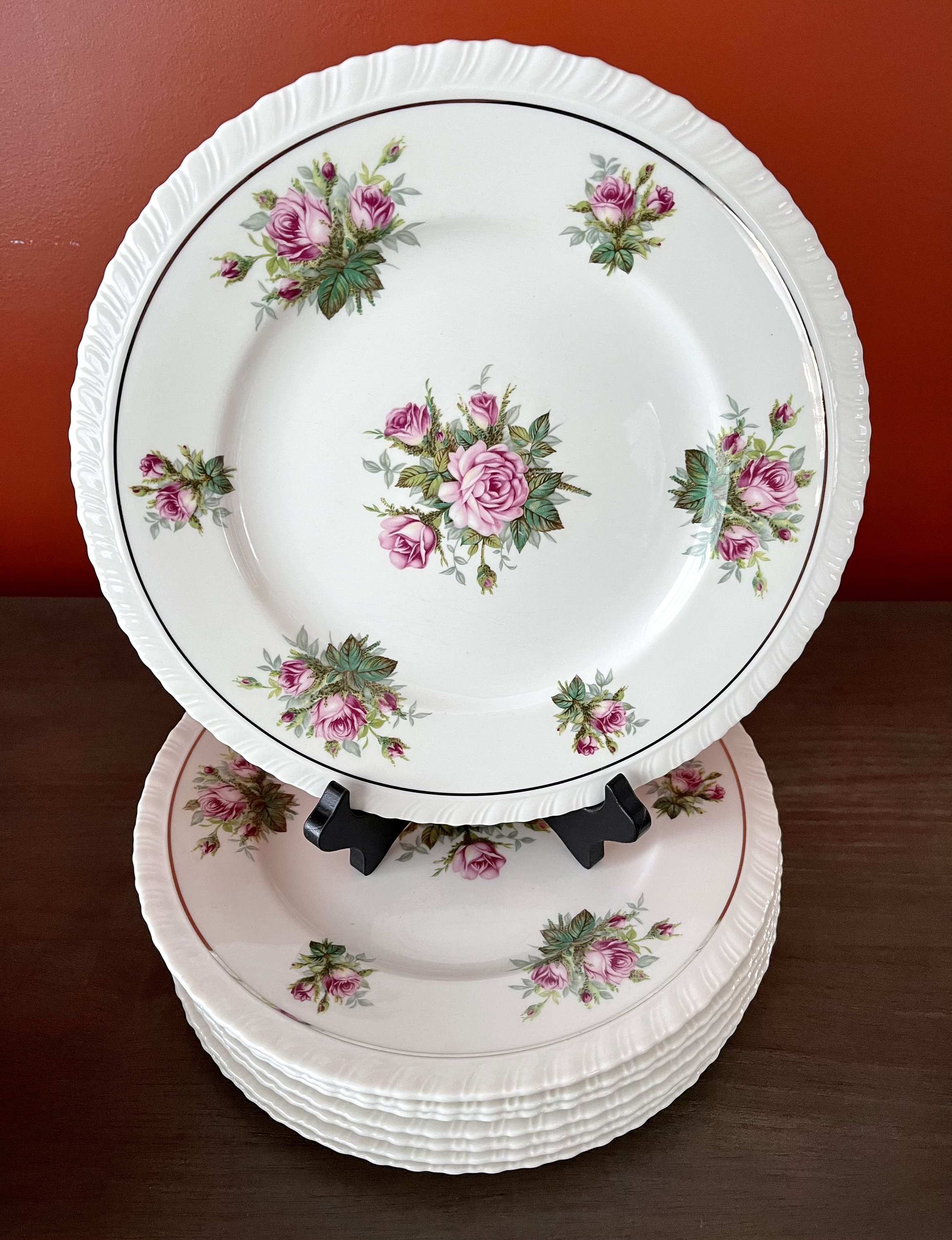 Vintage Hanover China Dinner Plates: Pink Roses, Platinum Trim
