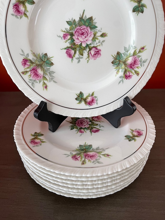 Vintage Hanover China Salad Plates: Pink Roses, Platinum Trim (set