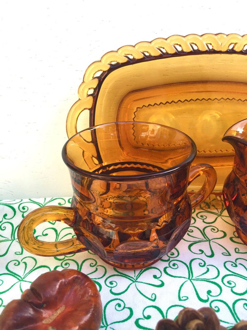 1960s Indiana Amber Glass Sugar Bowl Creamer and Tray Kings Etsy