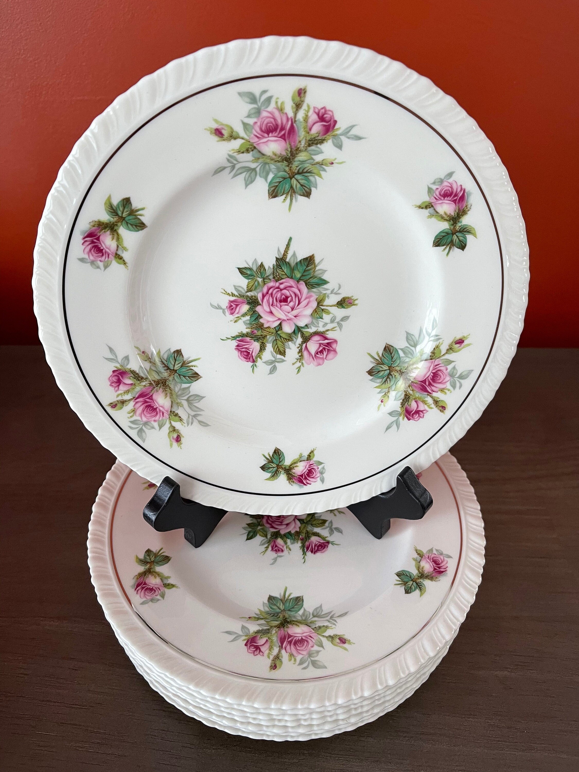 Vintage Hanover China Salad Plates: Pink Roses, Platinum Trim (set