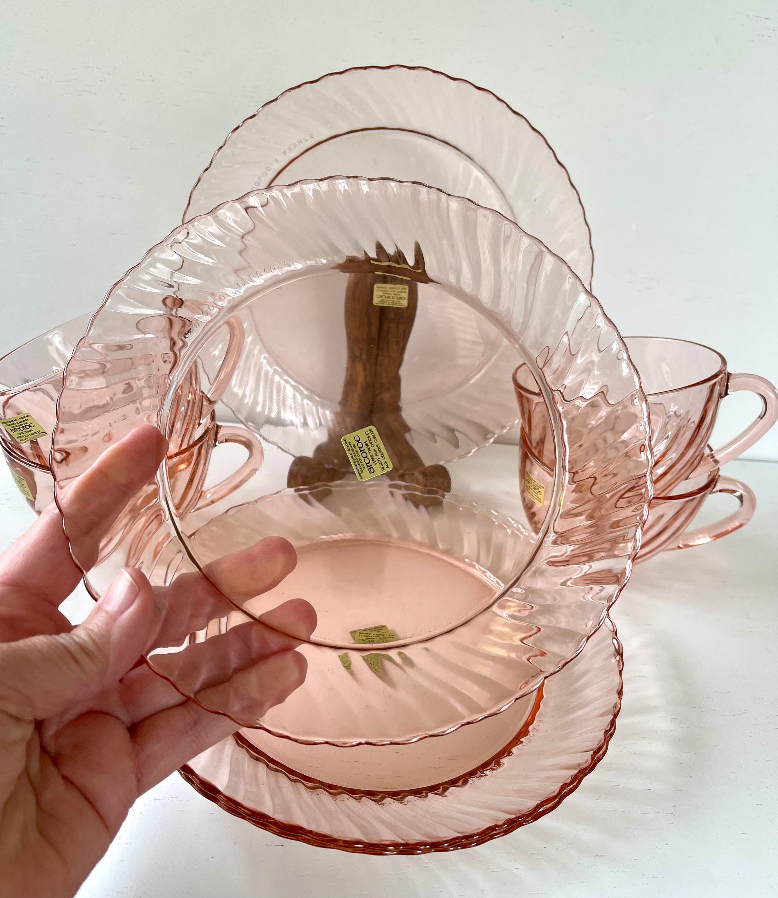 Vintage Arcoroc Rosaline Pink Swirl Tea Cup and Salad Plate Set of