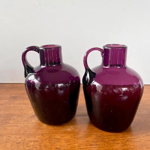 Pair of Miniature Hand Blown Purple  Amethyst Glass Vases/Jugs 3 1/2”