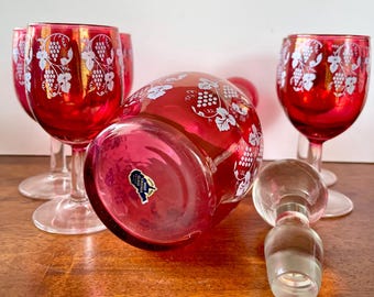 Vintage Cranberry Glass Decanter Set: Grape Harvest Design Boho