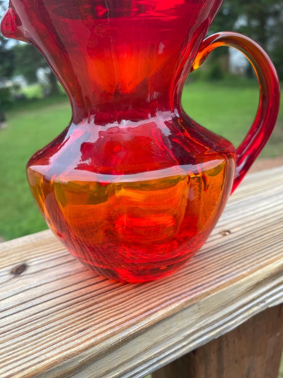 Hand Blown Amberina Glass Pitcher Vase: Heavy Weighted Bottom, 6