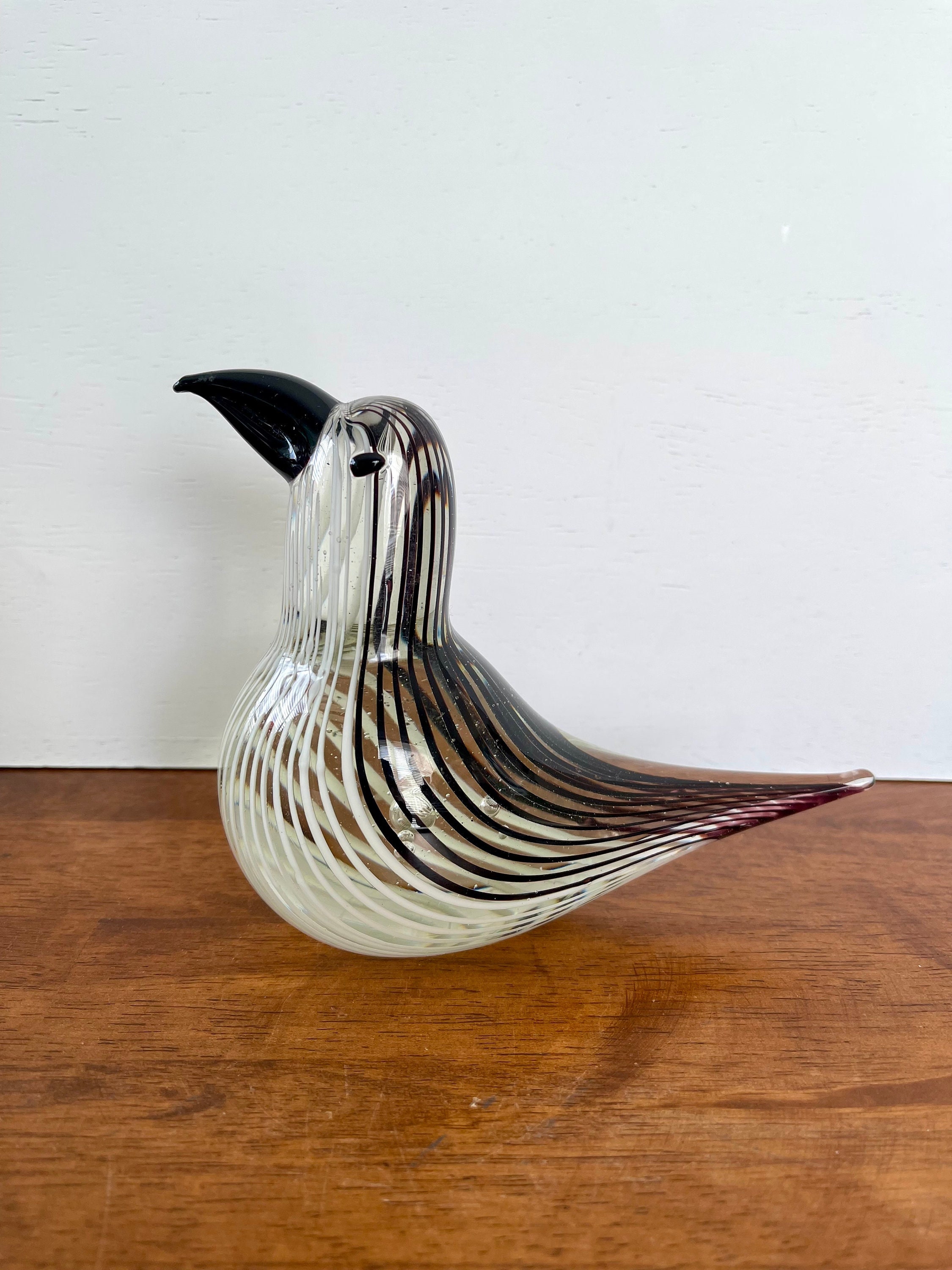 Vintage Striped Art Glass Bird Figurine: Black, Plum & White - Etsy