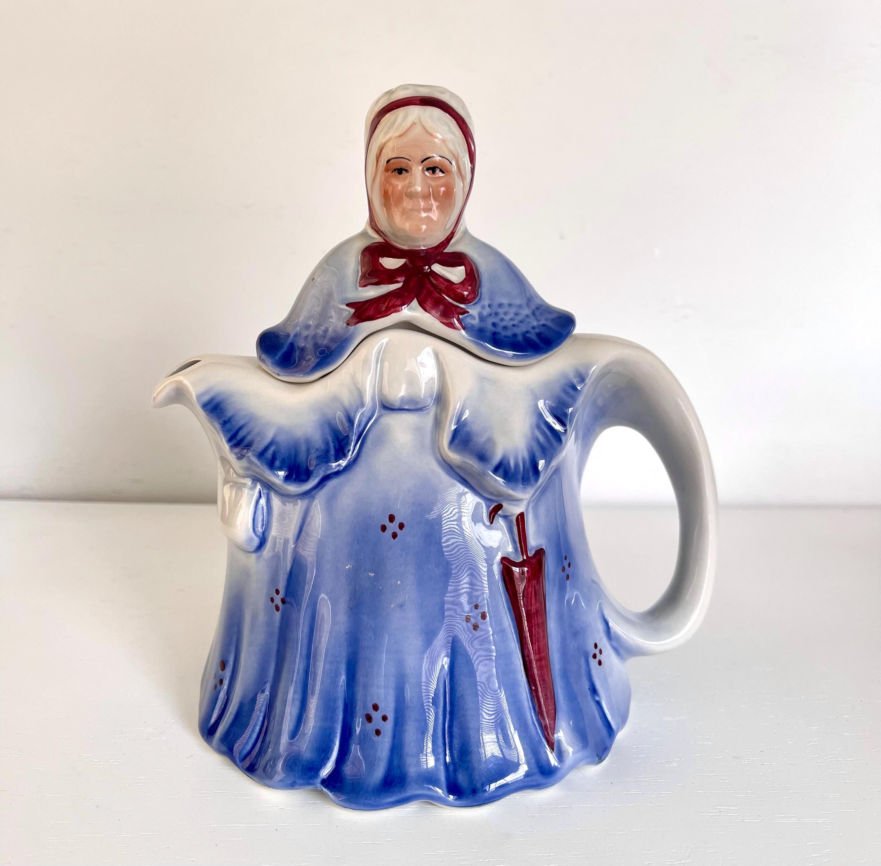 Little Old Lady Teapot: Tony Wood England, Blue Dress Red Umbrella