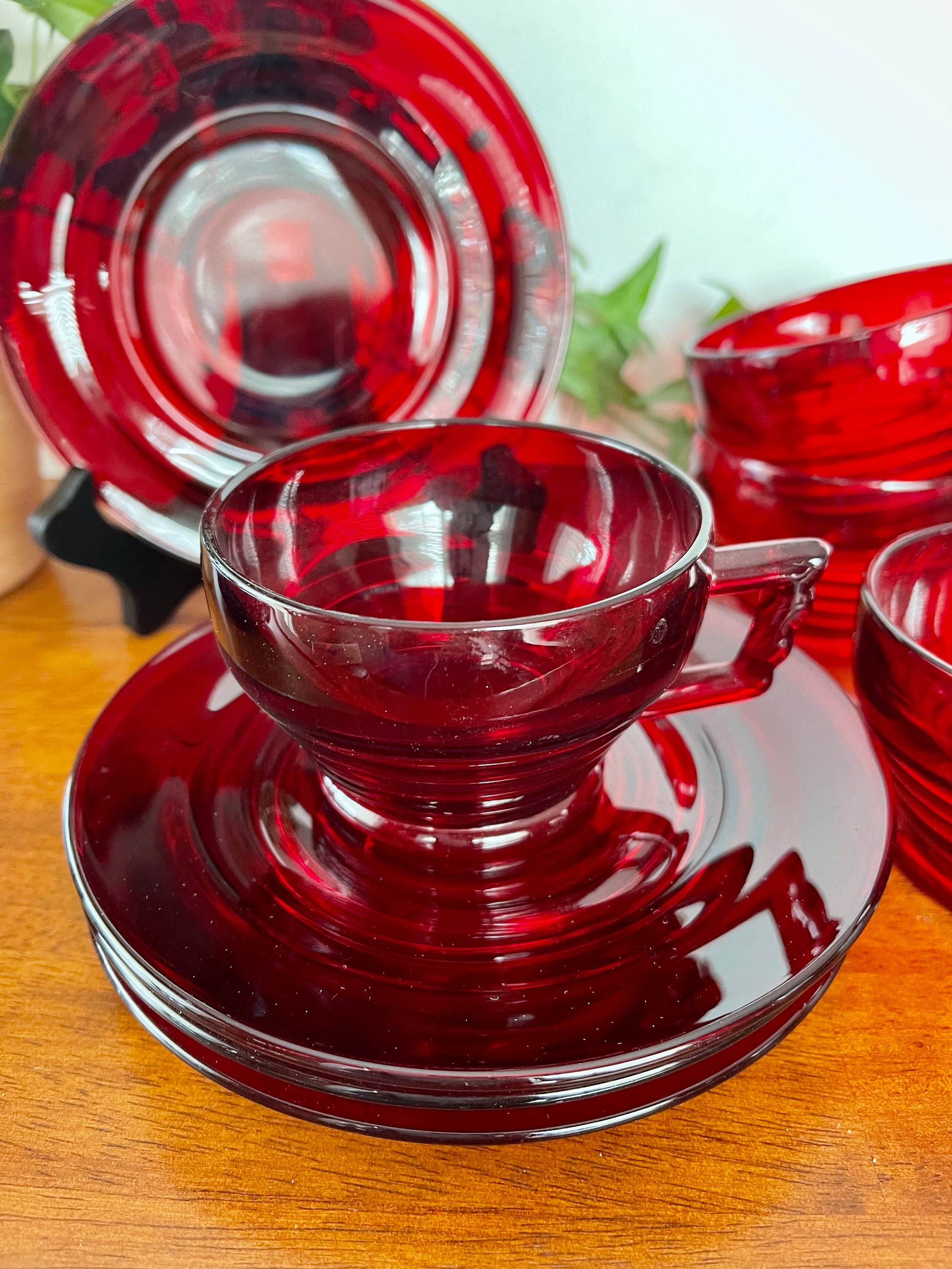 Vintage Ruby Red Glass Tea Cups with Saucers Set of Four Etsy