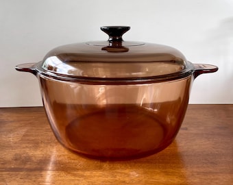 Vintage Visions Corning Glass Dutch Oven with Pyrex Lid, VERY SMALL CHIP on lid