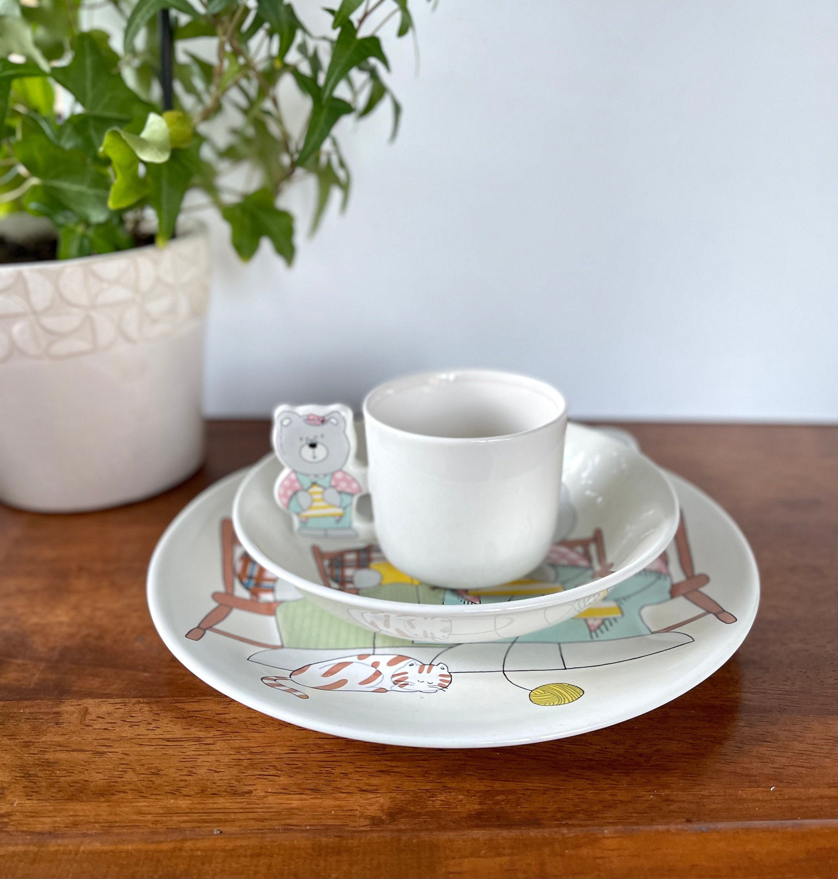 Vintage MIKASA Mama and Papa Bear Dish Set: Ceramic Plate, Bowl