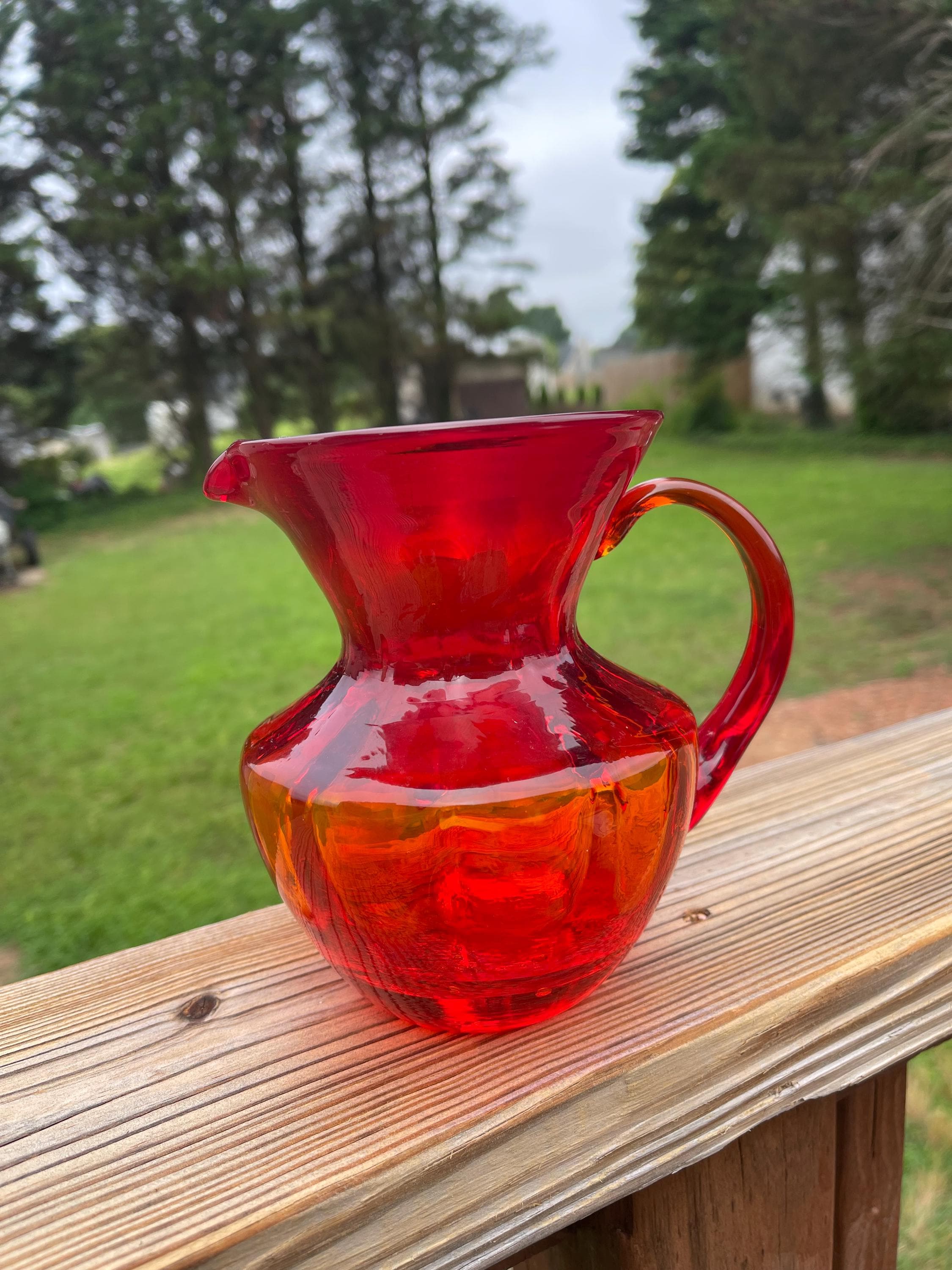 Hand Blown Amberina Glass Pitcher Vase: Heavy Weighted Bottom, 6