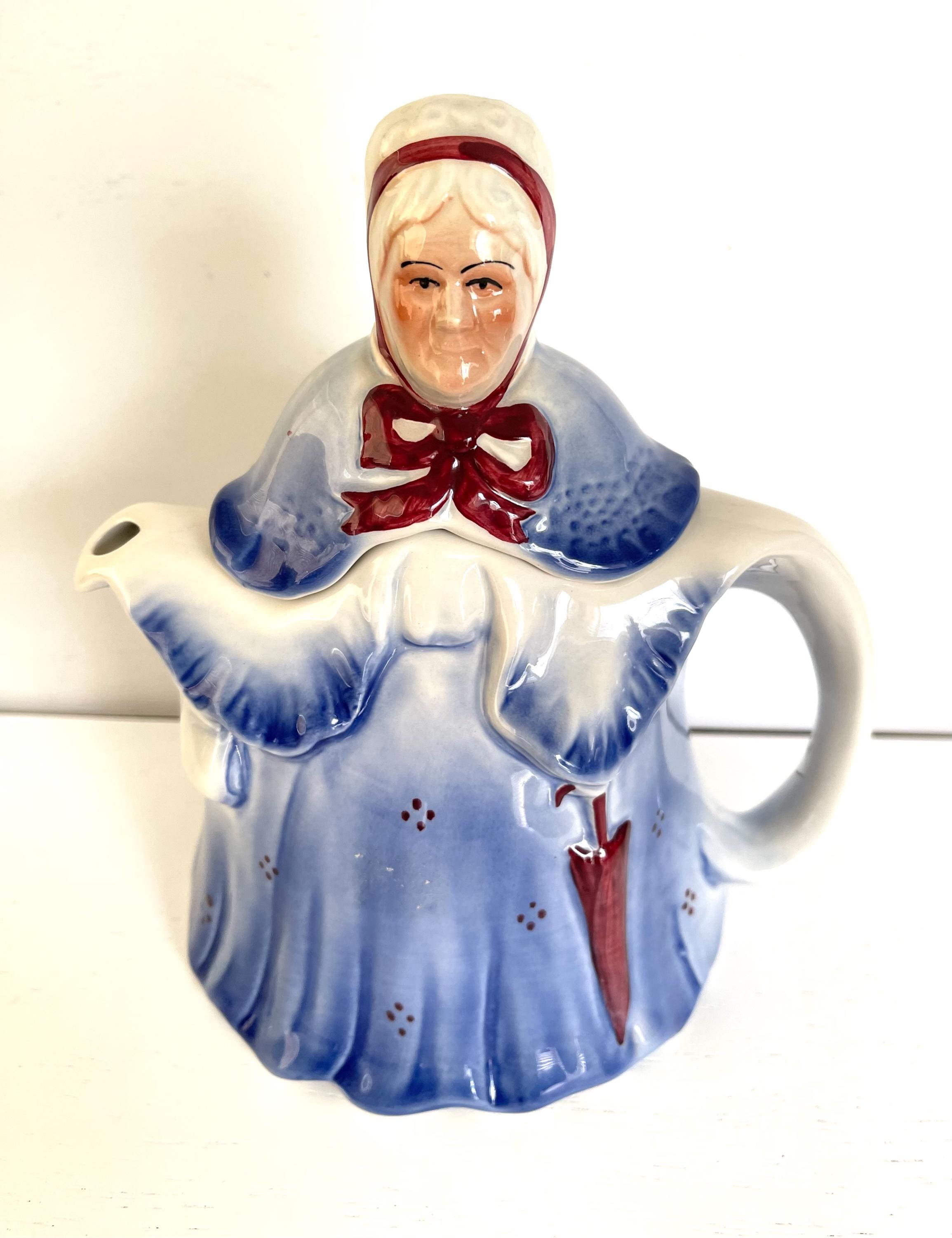 Little Old Lady Teapot: Tony Wood England, Blue Dress Red Umbrella