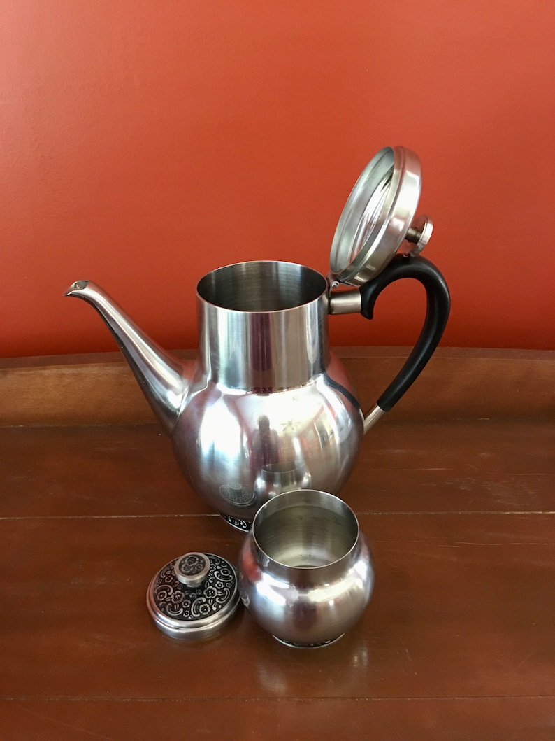 Stainless Vintage Tea Set Vintage Tea Pot Mid Century Oneida Stainless Tea Pot and Sugar Bowl