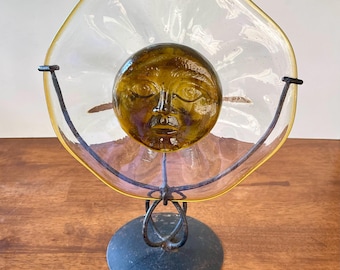 Vintage Sun Face Glass Candlestick Amber Glow Art Glass Boho Decor