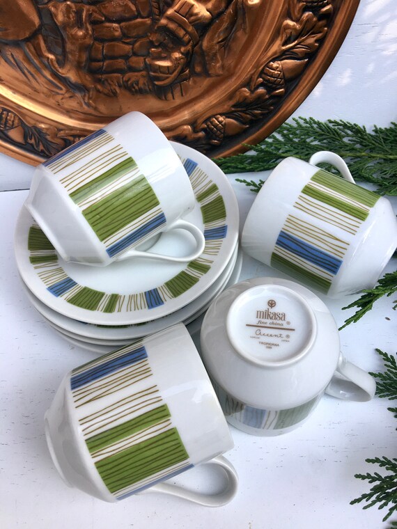 1960s Mikasa Tropicana Tea Cup Set: Mid-century Green & Blue