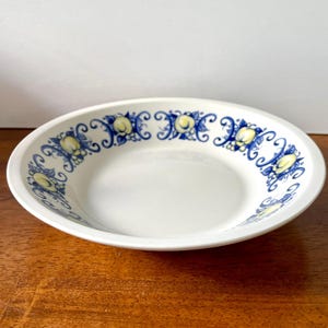 Set of 4 Vintage Villeroy & Boch Cadiz 8 1/4” Rim Soup Bowls, Pasta Bowls, Yellow Fruit, Blue Leaves