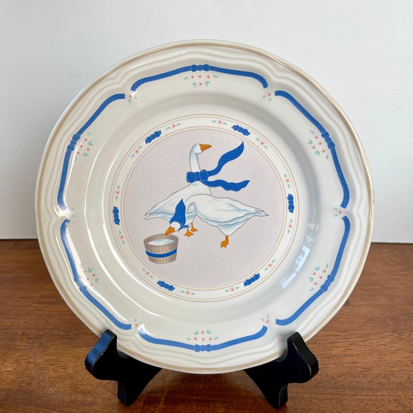 Set of 4 1987 NEWCOR Stoneware Salad Plates #6005 Countryside Geese Blue Border Made in Thailand