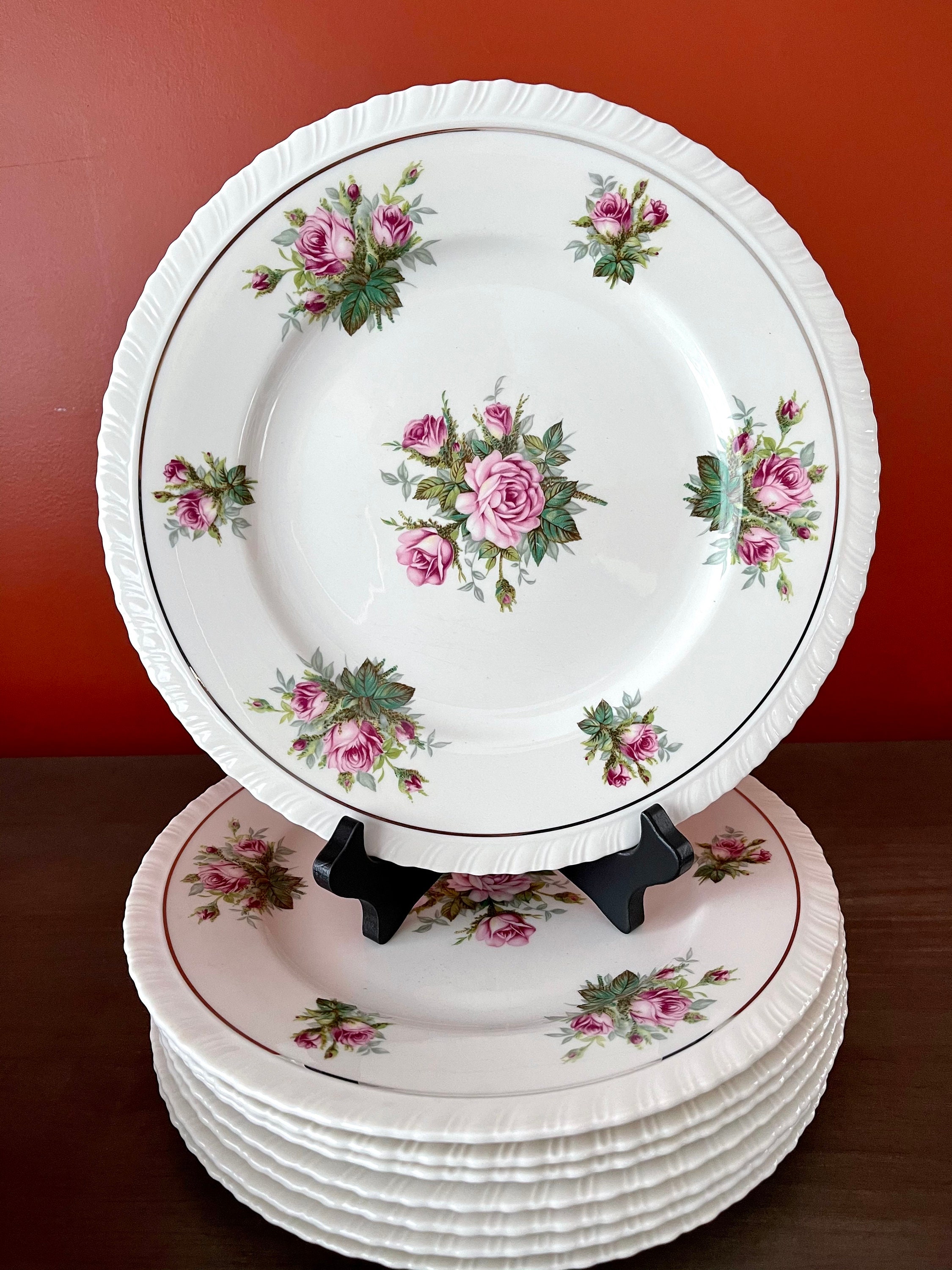 Vintage Hanover China Dinner Plates: Pink Roses, Platinum Trim