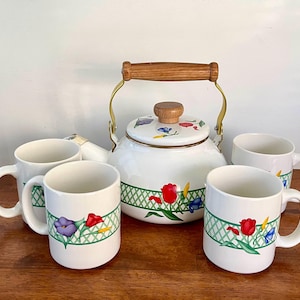 Enamel Tea Pot Set: Floral Kettle and Mugs, Wooden Handle, New in Box