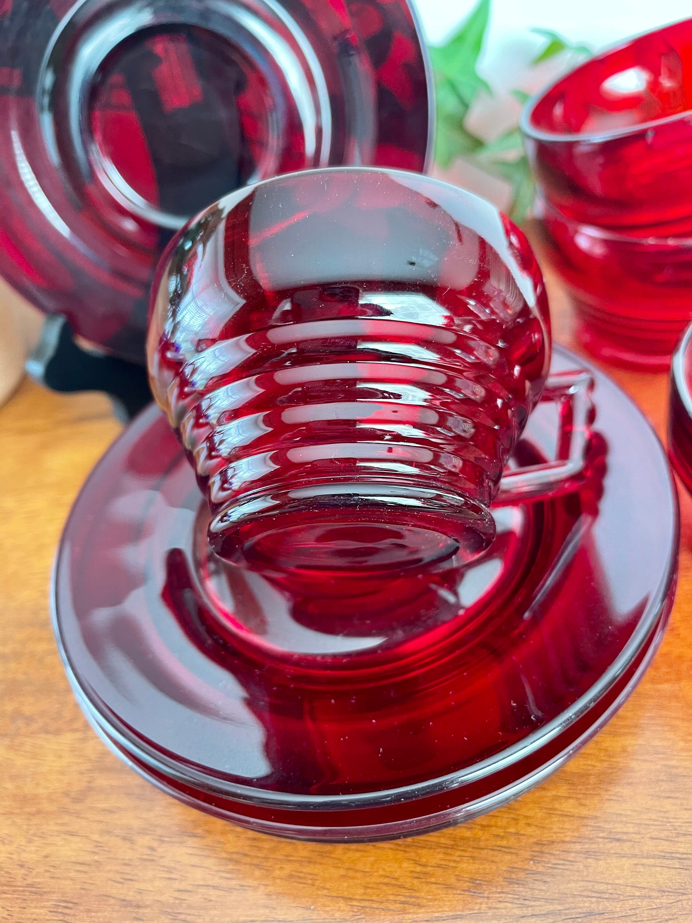 Vintage Ruby Red Glass Tea Cups with Saucers Set of Four Etsy