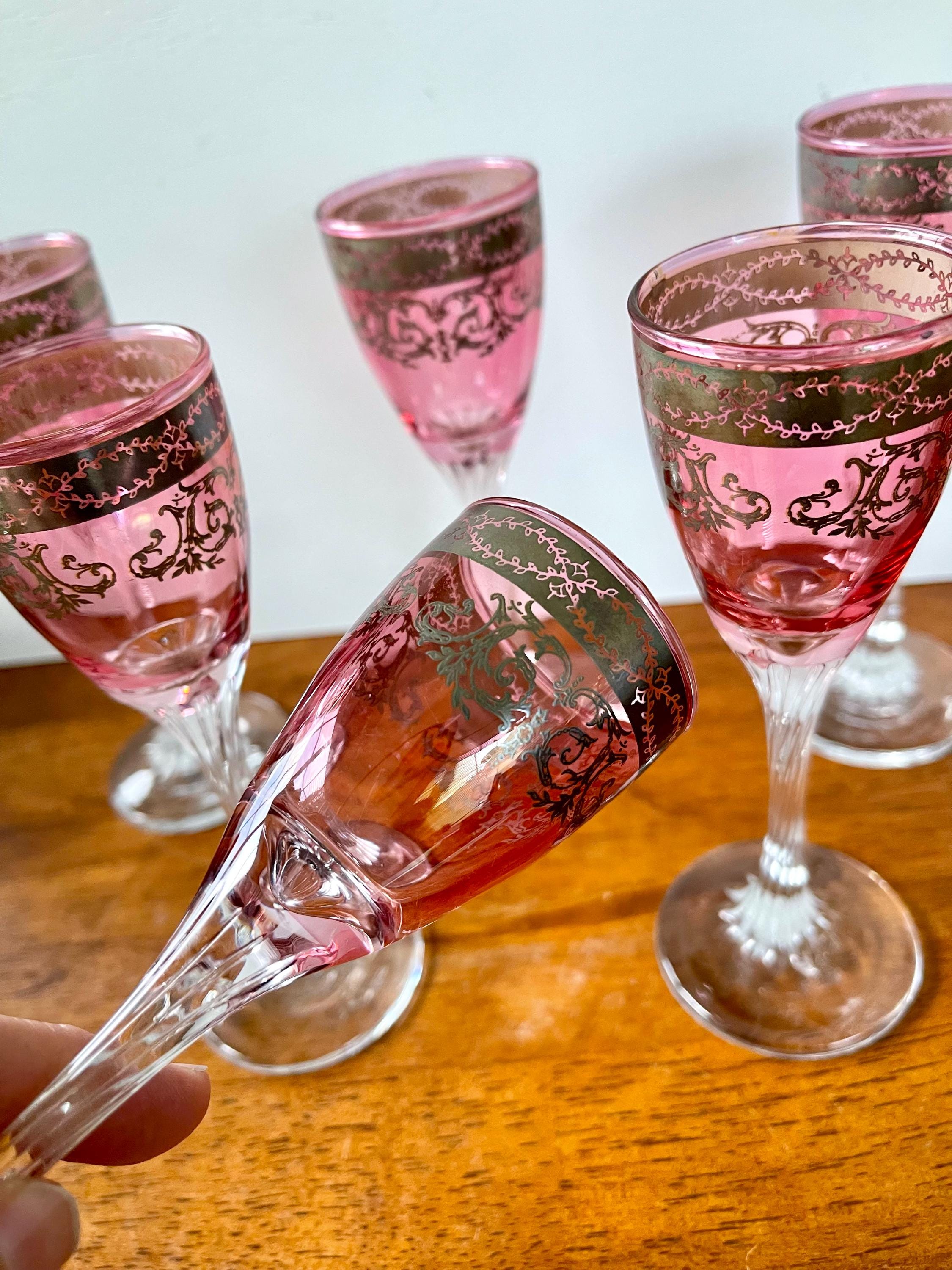 Set of 6 Vintage Cordial Twisted Stem Glasses Cranberry With