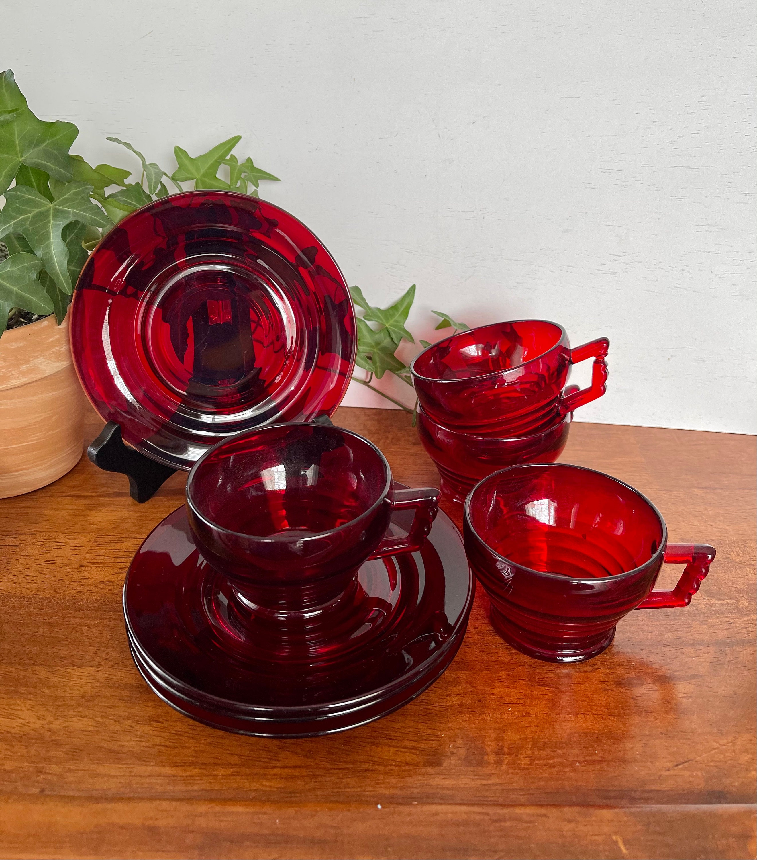 Vintage Ruby Red Glass Tea Cups with Saucers Set of Four Etsy